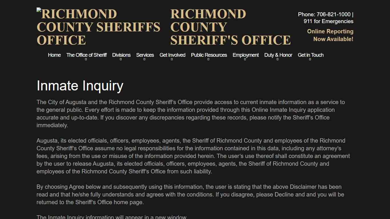 Inmate Inquiry | Richmond County Sheriff's Office | Augusta Ga - Richmond County Sheriff's Office